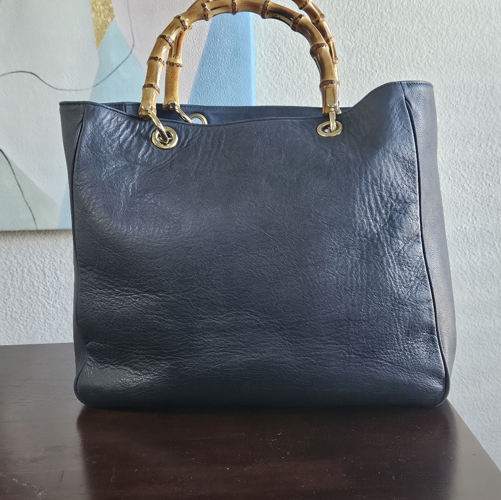 Mark and Graham Blue Handbag with Bamboo handles